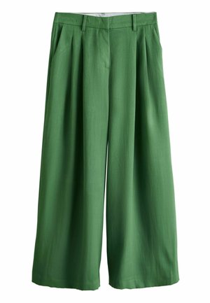 Weite grüne Hose mit hoher Taille, Gürtelschlaufen, vorderen Falten, Taschen und verdecktem Frontreißverschluss.