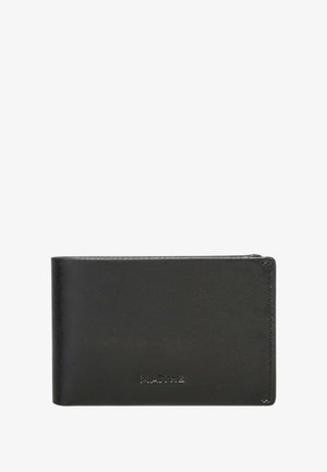 Schwarze Lederbrieftasche mit glatter Textur, schlichtem Design und eingeprägtem Markennamen. Verfügt über mehrere Kartenfächer und ein Reißverschlussfach.