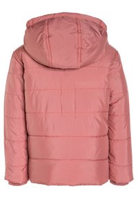 Veste rembourrée rose avec capuche, comportant des sections matelassées verticales et des poignets élastiques. Texture lisse et tissu léger.