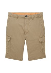 Beige pánské cargo šortky s bočními kapsami na klopu, poutky na opasek, předním knoflíkem, zipem a oranžovým podšívkou pasu.