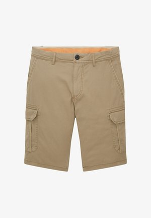 Pantaloni cargo da uomo beige con tasche laterali a patta, passanti per cintura, bottone frontale, zip e rivestimento interno arancione in vita.