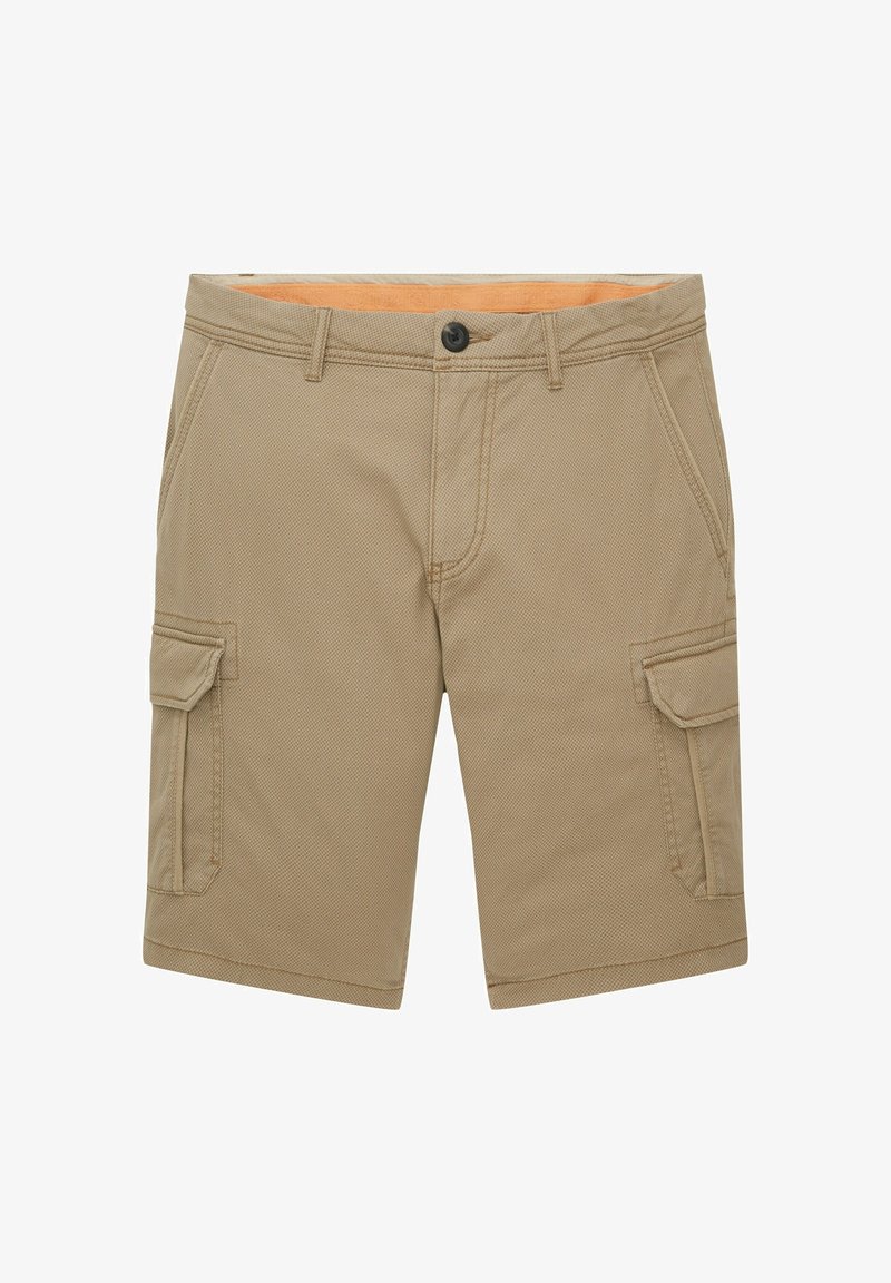 Beiga herrcargo shorts med sidofickor med klaff, bältesloopar, framknapp, dragkedja och orangefärgad innerlinning i midjan.