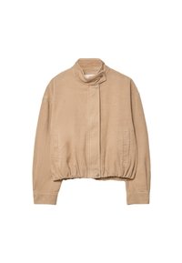 Beige fløjljakke med høj krave, elastisk kant og trykknaplukning foran. Har sidelommer og ribbet tekstur.