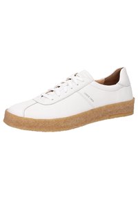 Weiße Ledersneaker mit einer strukturierten beigen Gummisohle, runder Zehenpartie und Schnürung. Verfügt über dezente Nähte und ein Branding-Detail.