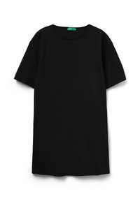 Czarna sukienka T-shirt z okrągłym dekoltem, krótkimi rękawami i prostym krojem. Gładka tekstura bez widocznych wzorów czy akcentów.