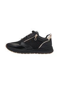 Sneaker nera con tomaia in tessuto texturizzato, dettagli metallici, zip laterale e suola in gomma chunky, con chiusura a lacci.