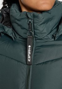 Chaqueta acolchada verde oscuro con cuello alto, cierre de cremallera y una prominente etiqueta de marca negra. Presenta una textura acolchada y una tela suave.