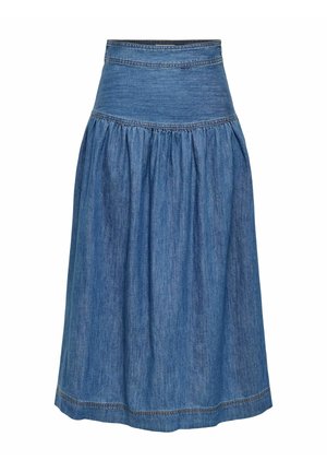 Fustă albastră din denim, de lungime medie, cu talie înaltă și detaliu strâns sub talie.