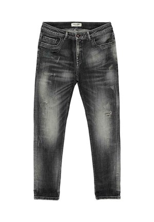 Zwarte denim jeans met een verouderde afwerking. Beschikt over een knoop- en ritssluiting, vijf zakken en lichte vervaging met scheurdetails.