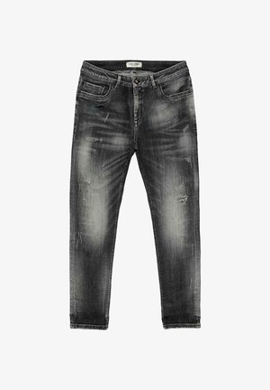 Zwarte denim jeans met een verouderde afwerking. Beschikt over een knoop- en ritssluiting, vijf zakken en lichte vervaging met scheurdetails.