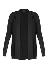 Zwarte open front cardigan met lange mouwen, gemaakt van zacht stof. Heeft een rechte snit en een gladde textuur, zonder patronen of accenten.