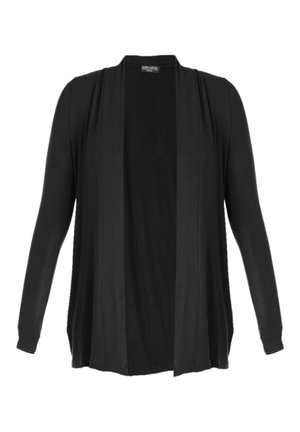 Zwarte open front cardigan met lange mouwen, gemaakt van zacht stof. Heeft een rechte snit en een gladde textuur, zonder patronen of accenten.