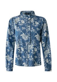 Modrá džínová košile s bílým květinovým vzorem, nabíraným límcem, zapínáním na knoflíky vpředu a dlouhými rukávy s knoflíkovými manžetami.