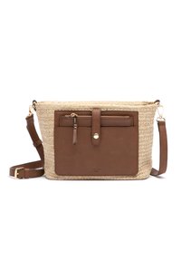Borsa a tracolla in pelle color cuoio e paglia intrecciata, dotata di una tasca frontale con zip, accessori dorati e tracolla regolabile.
