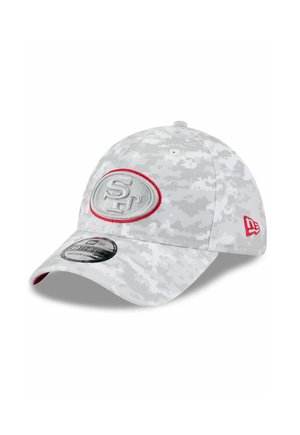 Gray camo cap with a rounded brim. Features an embroidered circular emblem with "SF" in gray and red detailing on the front.