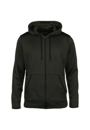 Sweat à capuche noir avec fermeture éclair intégrale, capuche avec cordon, poches kangourou, manches longues et logo Under Armour discret sur la poitrine.