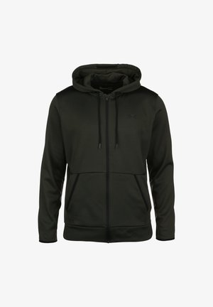 Sweat à capuche noir avec fermeture éclair intégrale, capuche avec cordon, poches kangourou, manches longues et logo Under Armour discret sur la poitrine.
