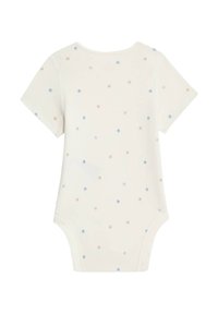 Body neonato a maniche corte di colore crema con motivi floreali leggeri blu e pesca sparsi, in morbido tessuto di cotone e design con collo rotondo.