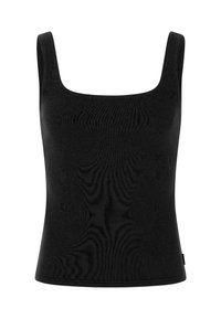 Zwart nauwsluitend tanktop met een vierkante halslijn, gemaakt van ribbelstof, met brede schouderbanden en een gladde textuur.