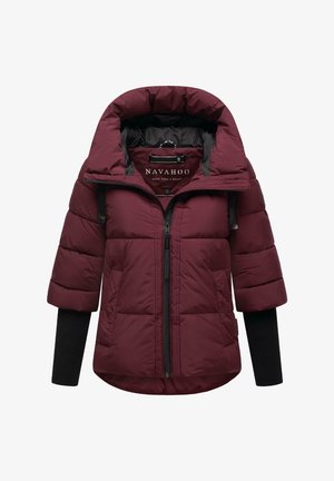 Burgundy puffer jacket with a high collar, zip closure, short sleeves, and black knit cuffs. Features quilting for insulation and comfort.
