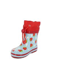 Botte de pluie en caoutchouc bleue avec des accents rouges, un haut à cordon de serrage et un motif de fraises et de fleurs sur un fond à pois.