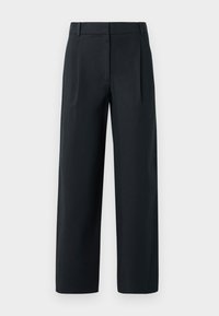 Black tailored trousers with a straight-leg design, featuring front pleats, a smooth texture, and belt loops. No visible pockets.