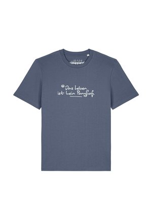 T-shirt bleu à manches courtes avec texte manuscrit blanc en allemand indiquant "Das Leben ist kein Ponyhof" centré sur le devant.