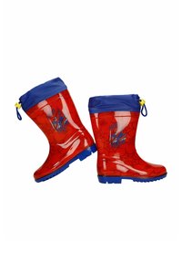 Červené gumové dešťové boty s modrými lemy, zdobené vzorem pavučiny a grafikou pavouka. Žlutý úchyt a strukturovaná modrá podrážka.