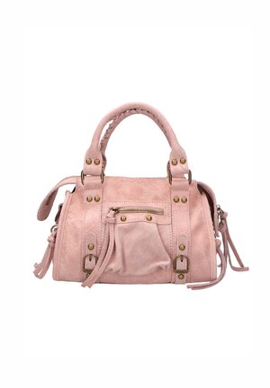 Lichtroze neplederen handtas met dubbele handvatten, decoratieve studs en een bovenste ritsvak. Bevat zij-tassels en stikdetails.