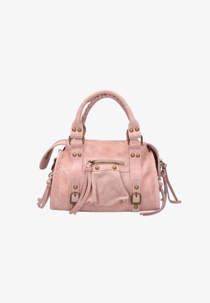 Hellrosa Handtasche aus Kunstleder mit zwei Griffen, dekorativen Nieten und einer Vorderreißverschlusstasche. Mit seitlichen Quasten und gesteppten Details.