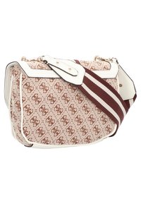 Beige mønstret håndtaske med monogramdesign, hvide læderdetaljer og en bordeauxfarvet stribet skulderrem. Siderne og bunden er teksturerede.