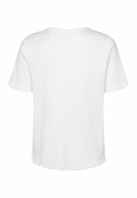 Biela krátkozraká rebrová tričko s okrúhlym výstrihom, s mierne rozstrapkaným lemom a textúrovanou tkaninou. Zobrazený zadný pohľad.