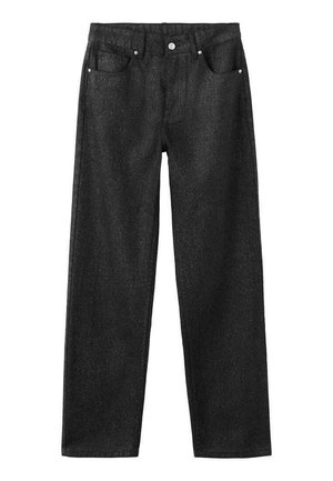 Pantalones vaqueros negros de corte recto, con cinco bolsillos, herrajes plateados y una textura suave.