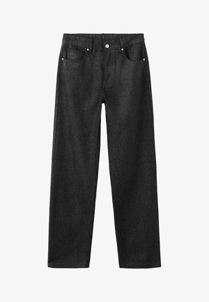 Black denim pants with a straight-leg cut, featuring five pockets, silver hardware, and a smooth texture.