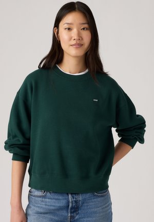 Ung kvinde med langt mørkt hår iført en mørkegrøn sweatshirt og blå jeans, står mod en ensfarvet lys baggrund.