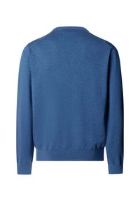 Blauer Pullover mit Rundhalsausschnitt und langen Ärmeln, mit gerippten Bündchen und Bund, von hinten vor weißem Hintergrund gezeigt.