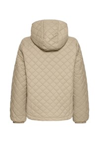 Bež prešita jakna s kapuco, z vzorcem diamantov, elastičnimi manšetami in ravnim spodnjim robom, izdelana iz lahkega, teksturiranega blaga.