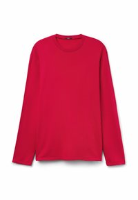 Camiseta de manga larga y cuello redondo en un rojo brillante, fabricada en un tejido suave con un diseño sencillo y sin patrones ni adornos visibles.