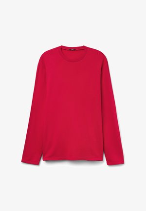 T-shirt à manches longues et col rond en rouge vif, fabriqué dans un tissu lisse avec un design simple et sans motifs ni embellissements visibles.