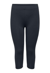Schwarze Capri-Leggings aus dehnbarem Stoff mit glatter Textur, breitem elastischem Taillenbund und ohne sichtbare Nähte oder Muster.