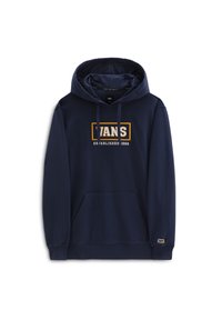 Sudadera azul marino hecha de tela suave, con un bolsillo tipo canguro en la parte delantera, capucha ajustable con cordón y un logo de Vans con la fecha de establecimiento.