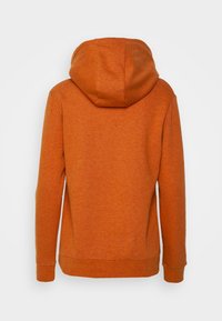 Vista trasera de una sudadera con capucha de color naranja quemado, de manga larga y con capucha adjunta, sobre un fondo neutral.
