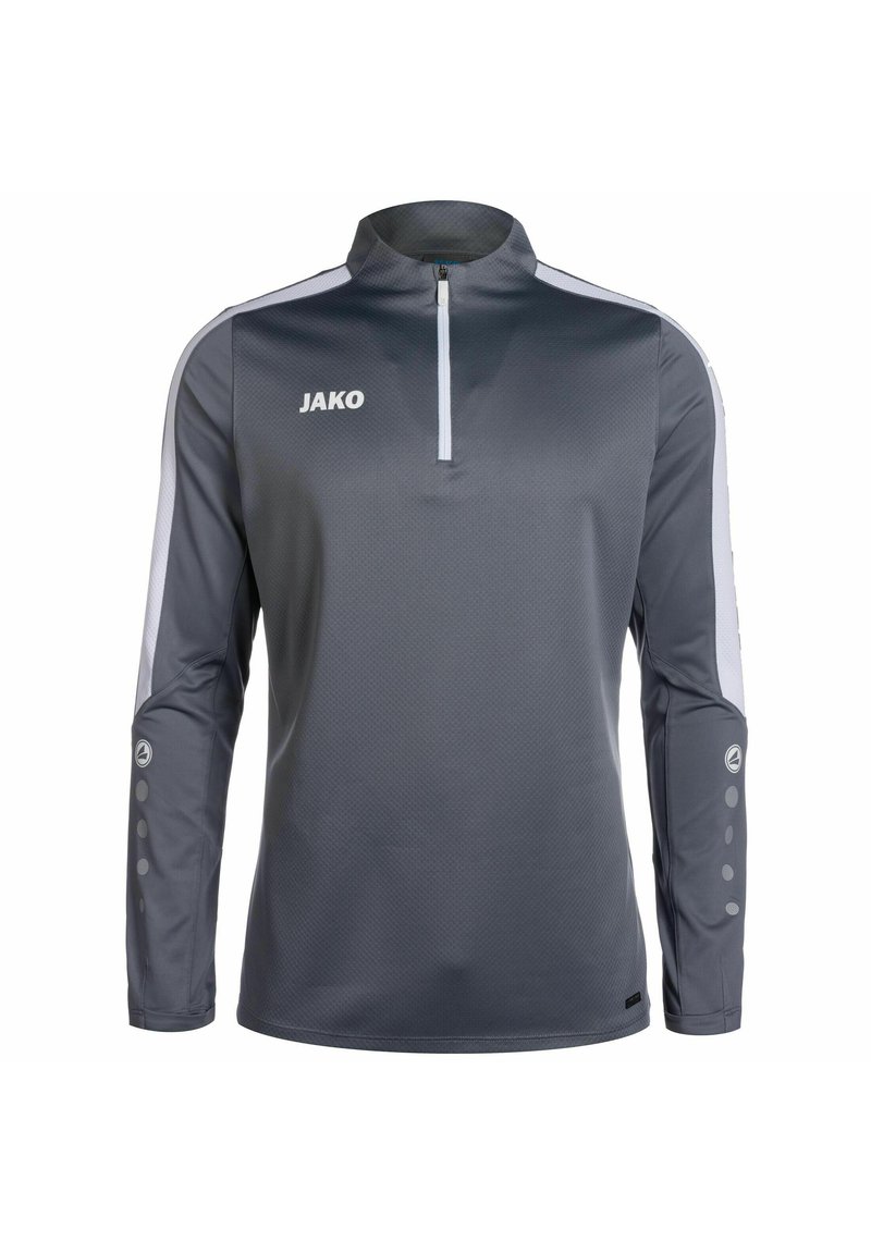 Grauer sportlicher Pullover mit halben Reißverschluss, langen Ärmeln und weißen Seitenelementen. Ausgestattet mit strukturiertem Stoff und Logo auf der Brust.