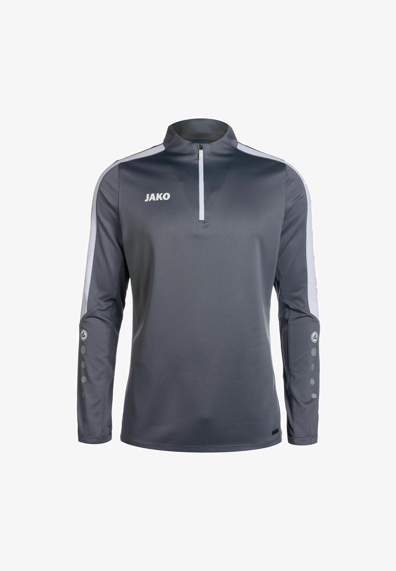 Grauer sportlicher Pullover mit halben Reißverschluss, langen Ärmeln und weißen Seitenelementen. Ausgestattet mit strukturiertem Stoff und Logo auf der Brust.