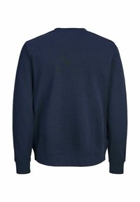 Marineblå sweatshirt med rund halsudskæring, lange ærmer og ribstrikkede manchetter. Glat tekstur med minimal detaljering på bagsiden.