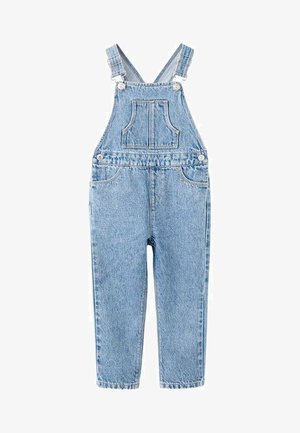 Salopette en denim bleu clair, dotée de bretelles réglables, d'une poche avant et de deux poches latérales. Coupe standard avec jambes droites.
