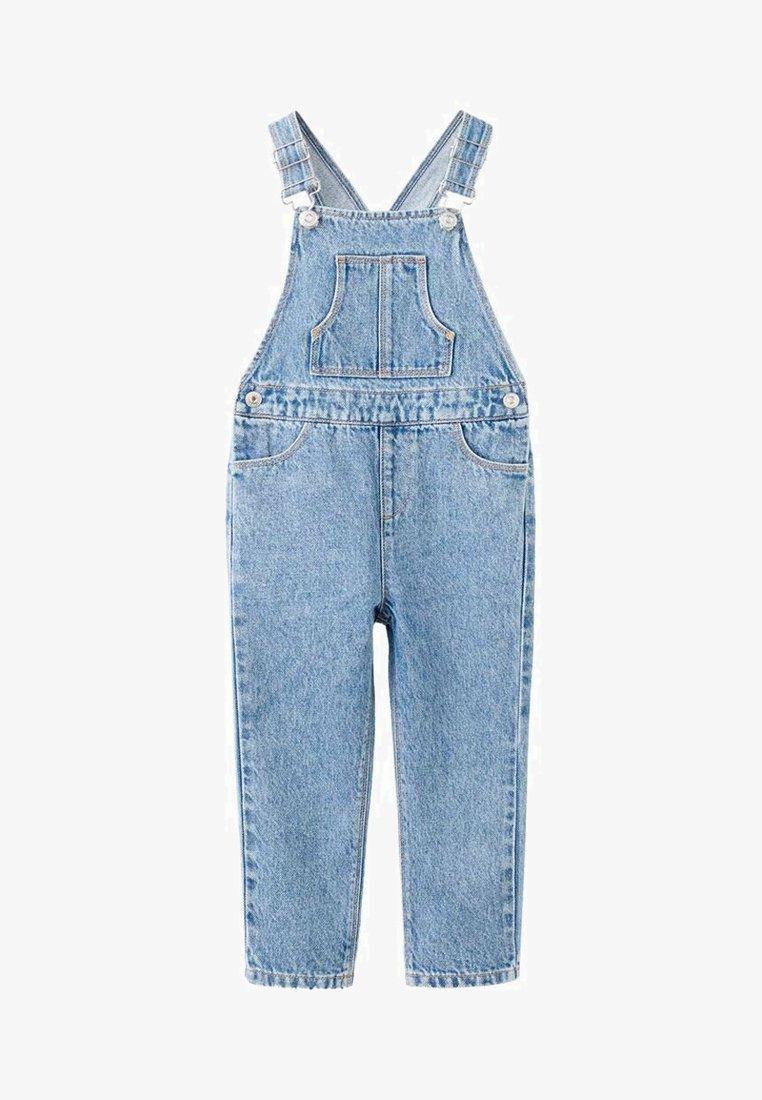 Jeans-Latzhosen in Hellblau mit verstellbaren Trägern, einer Fronttasche und zwei Seitentaschen. Standardpassform mit geraden Beinen.