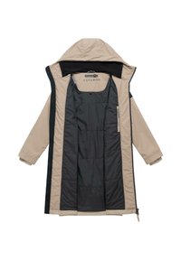 Beige og svart hettejakke med lang vinterkåpe med vattert svart innerfôr, frontglidelås og innerlomme med glidelås.