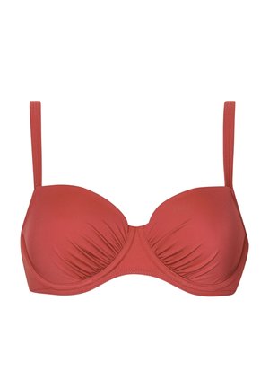 Biustonosz typu molded cup w kolorze rdzawym, z regulowanymi ramiączkami i delikatnym marszczeniem na miseczkach.
