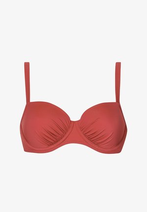 Biustonosz typu molded cup w kolorze rdzawym, z regulowanymi ramiączkami i delikatnym marszczeniem na miseczkach.